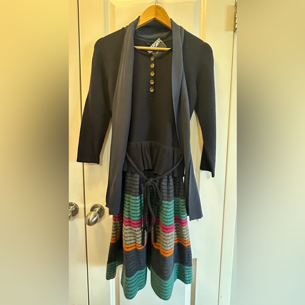 Marc By Marc Jacobs Navy Knit Dress With Multicolor Striped Skirt